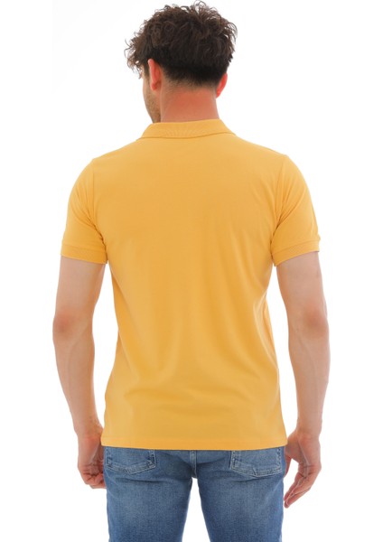 Erkek Hardal Pamuklu Likralı Kısa Kollu Ön Düğmeli Nakışlı Polo Yaka T-Shirt