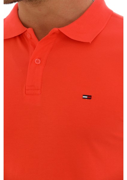 Erkek Nar Çiçeği Pamuklu Likralı Kısa Kollu Ön Düğmeli Nakışlı Polo Yaka T-Shirt