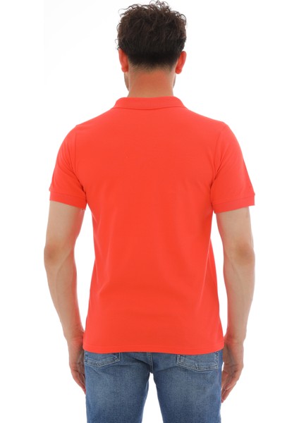 Erkek Nar Çiçeği Pamuklu Likralı Kısa Kollu Ön Düğmeli Nakışlı Polo Yaka T-Shirt