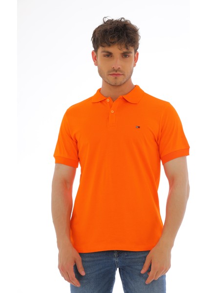 Erkek Oranj Pamuklu Likralı Kısa Kollu Ön Düğmeli Nakışlı Polo Yaka T-Shirt