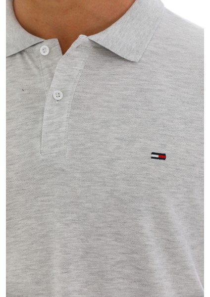 Erkek Gri Pamuklu Likralı Kısa Kollu Ön Düğmeli Nakışlı Polo Yaka T-Shirt