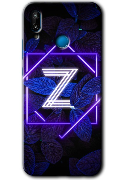 Huawei P20 Lite Kılıf Hd Desen Baskılı Arka Kapak + Kırılmaz Cam - Dark Neon Yaprak Z Harfi
