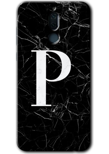 Huawei Mate 10 Lite Kılıf Hd Desen Baskılı Arka Kapak + Kırılmaz Cam - Siyah Mermer Desenli P Harfi