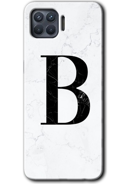 Oppo Reno 4 Lite Kılıf Hd Desen Baskılı Arka Kapak + Esnek Nano Cam - Beyaz Mermer Desenli B Harfi