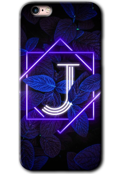 iPhone 6s Kılıf Hd Desen Baskılı Arka Kapak + Kırılmaz Cam - Dark Neon Yaprak J Harfi