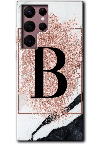 Galaxy S22 Ultra Kılıf Hd Desen Baskılı Arka Kapak + Esnek Nano Cam - Pembe Mermer Desenli B Harfi