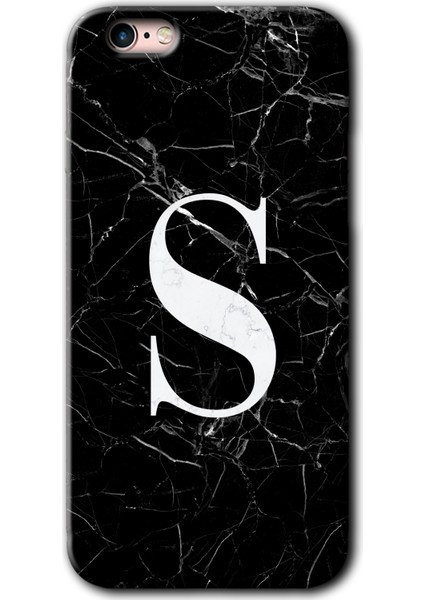Apple iPhone 6s Kılıf Hd Desen Baskılı Arka Kapak + Kırılmaz Cam - Siyah Mermer Desenli S Harfi