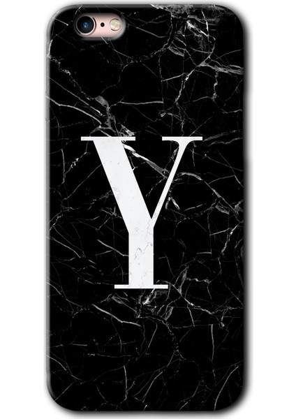 Apple iPhone 6s Kılıf Hd Desen Baskılı Arka Kapak + Kırılmaz Cam - Siyah Mermer Desenli Y Harfi