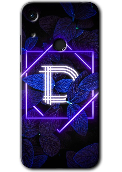 Huawei Y6S 2019 Kılıf Hd Desen Baskılı Arka Kapak + Esnek Nano Cam - Dark Neon Yaprak D Harfi