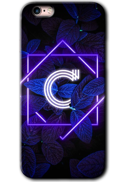 Apple iPhone 6s Kılıf Hd Desen Baskılı Arka Kapak + Kırılmaz Cam - Dark Neon Yaprak C Harfi