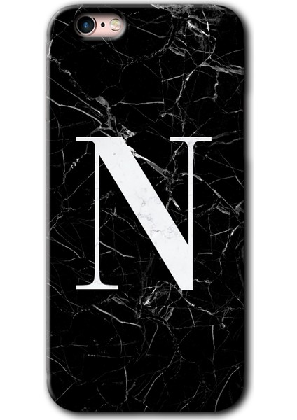 Apple iPhone 6s Kılıf Hd Desen Baskılı Arka Kapak + Kırılmaz Cam - Siyah Mermer Desenli N Harfi