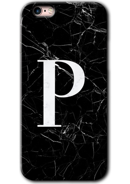 Apple iPhone 6s Kılıf Hd Desen Baskılı Arka Kapak + Kırılmaz Cam - Siyah Mermer Desenli P Harfi