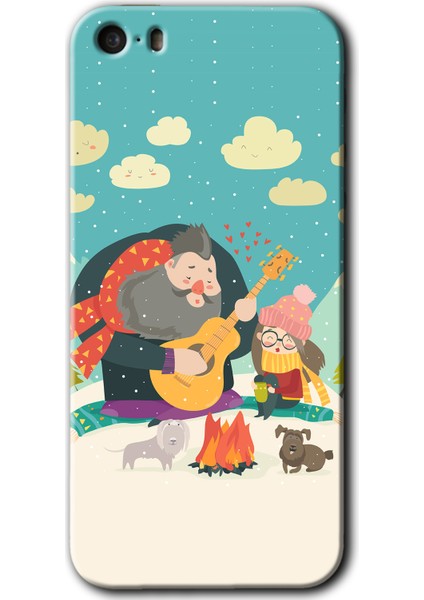 Apple iPhone 5s Kılıf Hd Desen Baskılı Arka Kapak + Kırılmaz Cam - Kış Pikniği