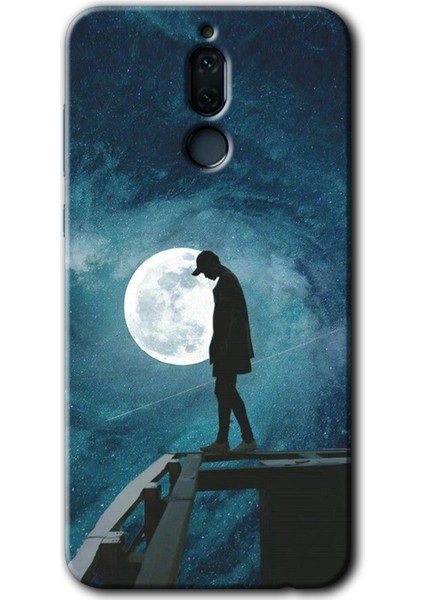 Huawei Mate 10 Lite Kılıf Hd Desen Baskılı Arka Kapak + Kırılmaz Cam - Dolunay Yalnızlık