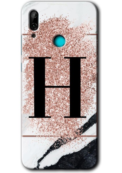 Huawei P Smart 2019 Kılıf Hd Desen Baskılı Arka Kapak + Kırılmaz Cam - Pembe Mermer Desenli H Harfi