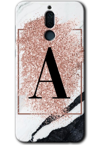Huawei Mate 10 Lite Kılıf Hd Desen Baskılı Arka Kapak + Kırılmaz Cam - Pembe Mermer Desenli A Harfi