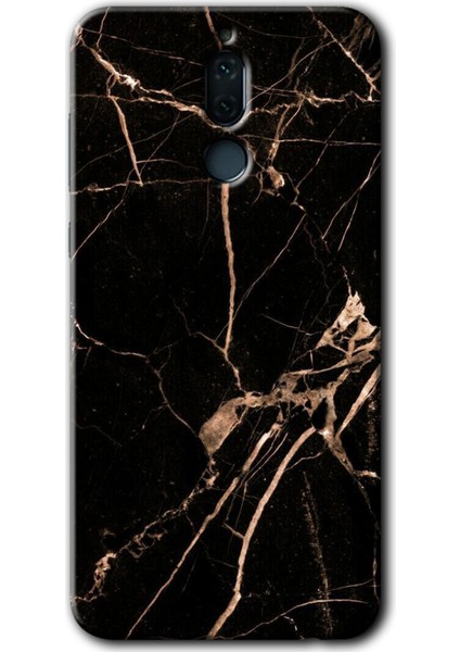 Huawei Mate 10 Lite Kılıf Hd Desen Baskılı Arka Kapak + Kırılmaz Cam - Siyah Gold Mermer