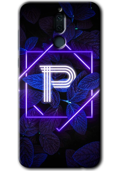 Huawei Mate 10 Lite Kılıf Hd Desen Baskılı Arka Kapak + Kırılmaz Cam - Dark Neon Yaprak P Harfi