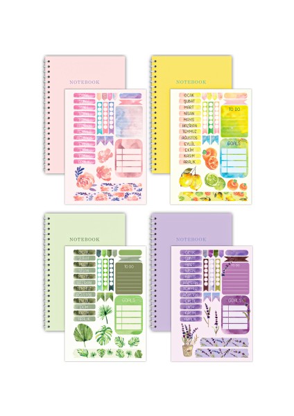 Notebook Sticker'lı 4'lü Çizgisiz Defter Seti (21 x 14,8 Cm) 120 Sayfa Spiralli Defter Seti