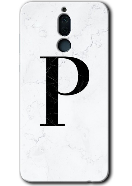 Huawei Mate 10 Lite Kılıf Hd Desen Baskılı Arka Kapak + Kırılmaz Cam - Beyaz Mermer Desenli P Harfi
