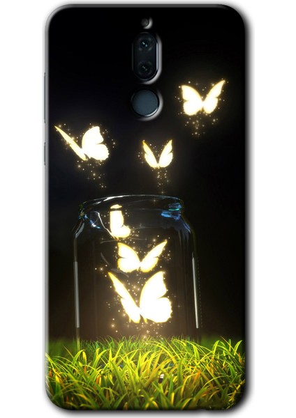 Huawei Mate 10 Lite Kılıf Hd Desen Baskılı Arka Kapak + Kırılmaz Cam - Işıklı Kelebekler