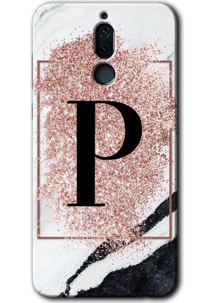 Huawei Mate 10 Lite Kılıf Hd Desen Baskılı Arka Kapak + Kırılmaz Cam - Pembe Mermer Desenli P Harfi