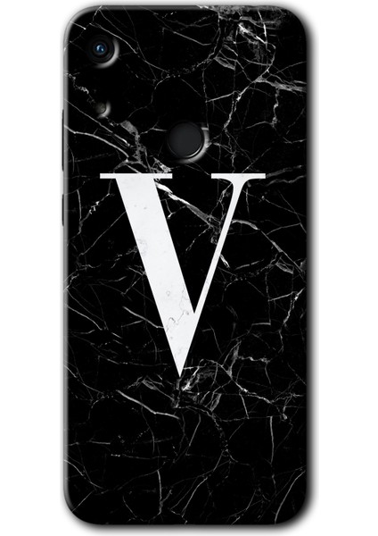 Huawei Y6S 2019 Kılıf Hd Desen Baskılı Arka Kapak + Esnek Nano Cam - Siyah Mermer Desenli V Harfi