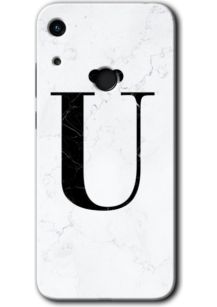 Huawei Y6S 2019 Kılıf Hd Desen Baskılı Arka Kapak + Kırılmaz Cam - Beyaz Mermer Desenli Ü Harfi