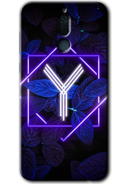 Huawei Mate 10 Lite Kılıf Hd Desen Baskılı Arka Kapak + Esnek Nano Cam - Dark Neon Yaprak Y Harfi