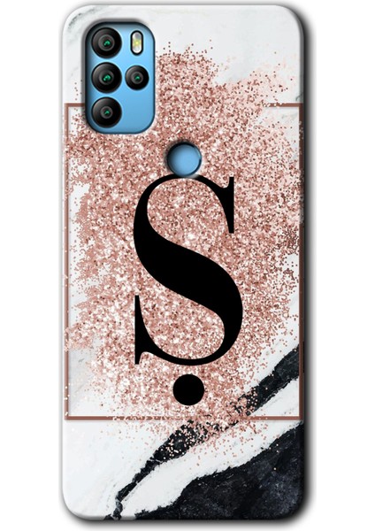 General Mobile Gm 21 Pro Kılıf Hd Desen Baskılı Arka Kapak + Kırılmaz Cam - Pembe Mermer Desenli Ş Harfi