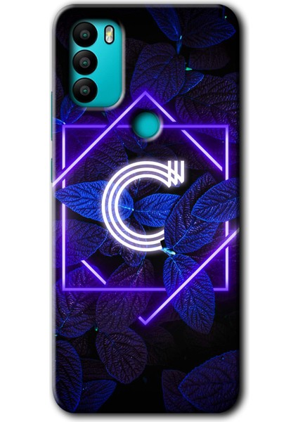 General Mobile Gm 21 Plus Kılıf Hd Desen Baskılı Arka Kapak + Kırılmaz Cam - Dark Neon Yaprak C Harfi