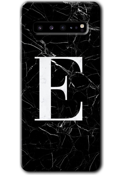Galaxy S10 Plus Kılıf Hd Desen Baskılı Arka Kapak + Esnek Nano Cam - Siyah Mermer Desenli E Harfi