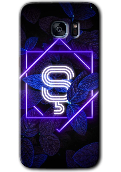 Galaxy S7 Edge Kılıf Hd Desen Baskılı Arka Kapak + Kırılmaz Cam - Dark Neon Yaprak Ş Harfi