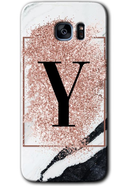 Galaxy S7 Edge Kılıf Hd Desen Baskılı Arka Kapak + Kırılmaz Cam - Pembe Mermer Desenli Y Harfi