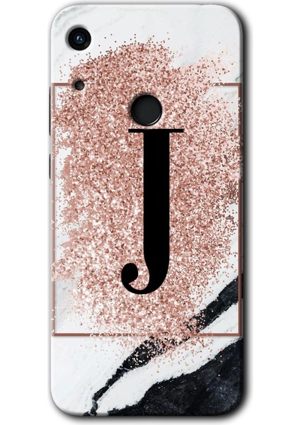 Huawei Y6S 2019 Kılıf Hd Desen Baskılı Arka Kapak + Esnek Nano Cam - Pembe Mermer Desenli J Harfi