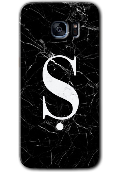 Galaxy S7 Edge Kılıf Hd Desen Baskılı Arka Kapak + Kırılmaz Cam - Siyah Mermer Desenli Ş Harfi