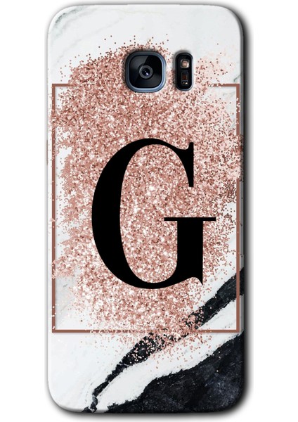 Galaxy S7 Edge Kılıf Hd Desen Baskılı Arka Kapak + Kırılmaz Cam - Pembe Mermer Desenli G Harfi