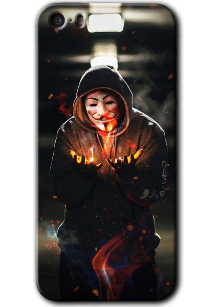 Apple iPhone 5s Kılıf Hd Desen Baskılı Arka Kapak + Esnek Nano Cam - V For Fire