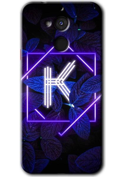 General Mobile Gm 8 Kılıf Hd Desen Baskılı Arka Kapak + Esnek Nano Cam - Dark Neon Yaprak K Harfi