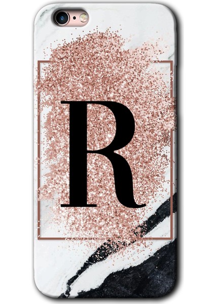 iPhone 6s Kılıf Hd Desen Baskılı Arka Kapak + Kırılmaz Cam - Pembe Mermer Desenli R Harfi