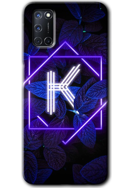 Oppo A92 Kılıf Hd Desen Baskılı Arka Kapak + Esnek Nano Cam - Dark Neon Yaprak K Harfi