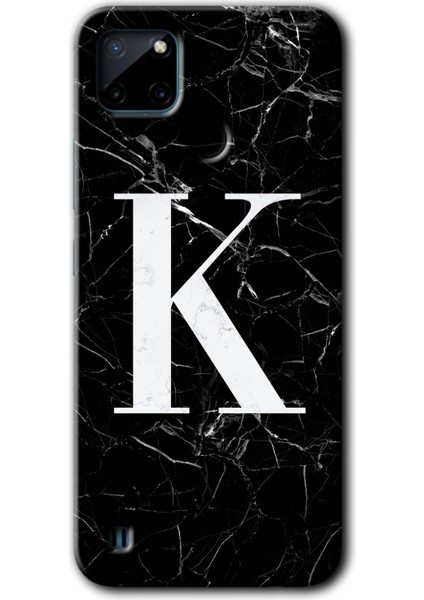 Realme C21 Kılıf Hd Desen Baskılı Arka Kapak + Kırılmaz Cam - Siyah Mermer Desenli K Harfi