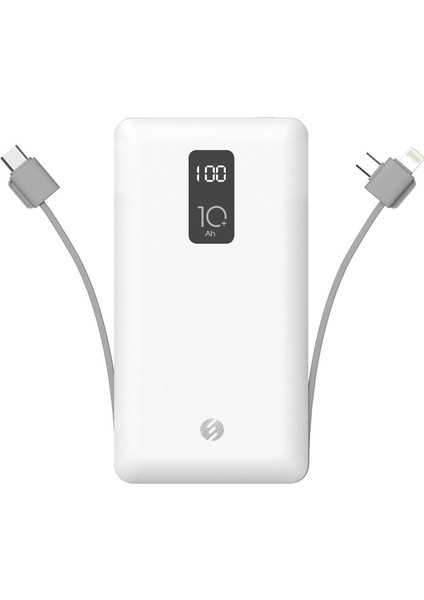 IP-T100C 10000MAH Lightning+Micro+Type C Kablolu Powerbank Beyaz Lcd'li Taşınabilir Pil Şarj Cihazı