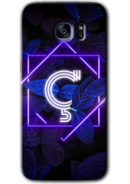Galaxy S7 Edge Kılıf Hd Desen Baskılı Arka Kapak + Kırılmaz Cam - Dark Neon Yaprak Ç Harfi
