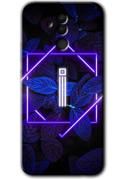 Huawei Mate 20 Lite Kılıf Hd Desen Baskılı Arka Kapak + Kırılmaz Cam - Dark Neon Yaprak I Harfi