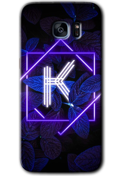 Galaxy S7 Edge Kılıf Hd Desen Baskılı Arka Kapak + Kırılmaz Cam - Dark Neon Yaprak K Harfi