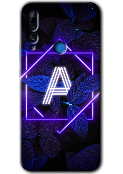 Huawei P Smart Z Kılıf Hd Desen Baskılı Arka Kapak + Kırılmaz Cam - Dark Neon Yaprak A Harfi