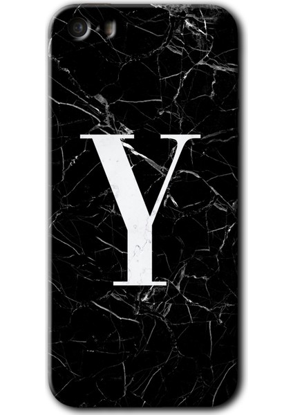 iPhone 5s Kılıf Hd Desen Baskılı Arka Kapak + Kırılmaz Cam - Siyah Mermer Desenli Y Harfi