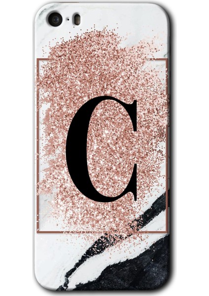 iPhone 5s Kılıf Hd Desen Baskılı Arka Kapak + Kırılmaz Cam - Pembe Mermer Desenli C Harfi