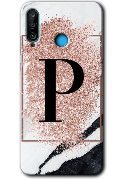 Huawei P30 Lite Kılıf Hd Desen Baskılı Arka Kapak - Pembe Mermer Desenli P Harfi